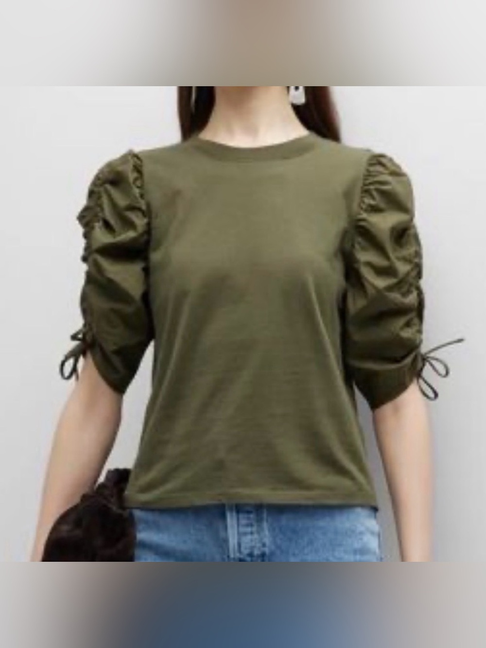 FRAME Ruched Tie Sleeve Tee Fatigue Green XS Organic Cotton